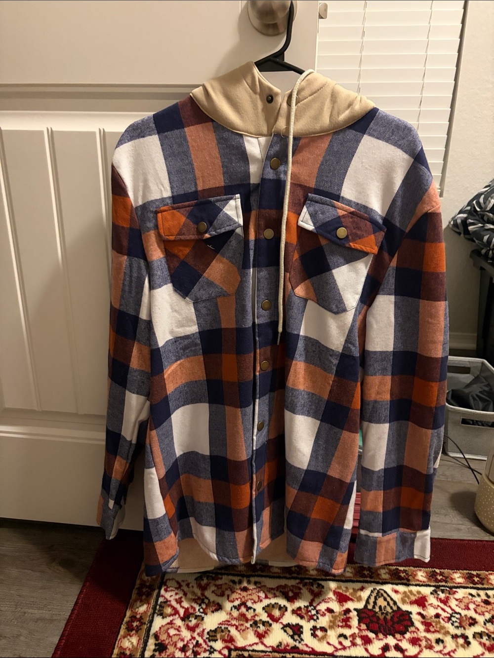 Plaid Hooded Jean-Style Jacket - Navy, Rust & Cream